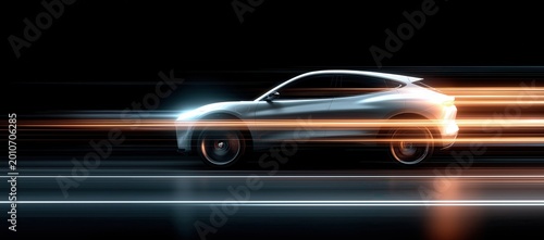 Car is driving down a road with a bright light in the background
