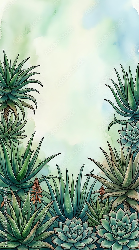 Fototapeta premium Watercolor succulent plants frame with soft green and blue tones creating natural botanical border for wedding invitations and greeting cards.