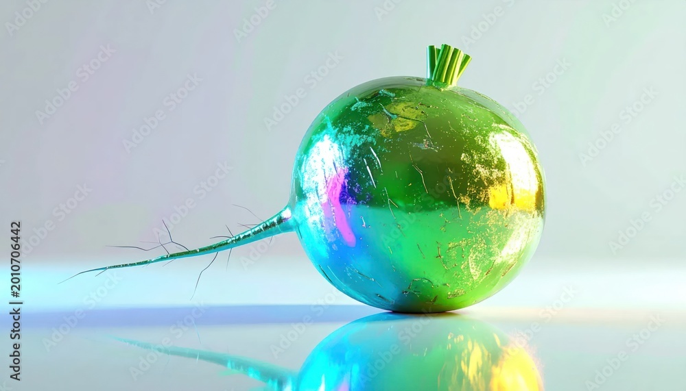 Fototapeta premium Iridescent Radish with Root and Green Stems Reflecting Light.