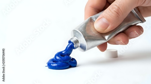 Hand squeezing blue acrylic paint from a metal tube onto a white surface, creative art supply concept for painting and design projects.