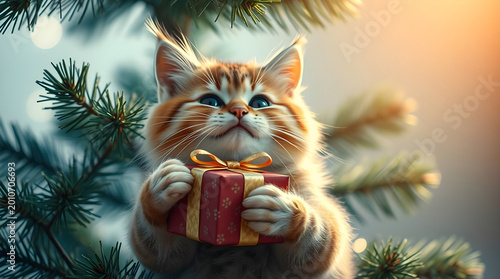 Adorable Kitten Holding A Christmas Gift Under The Tree, Christmas Spirit