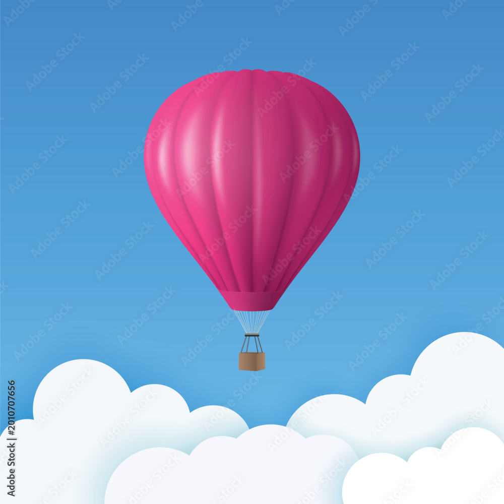Obraz premium Vector Travel Banner with 3d Realistic Pink Hot Air Balloon Icon on a Blue Sky Background. Design Template, Summer Vacation, Travelling, Tourism and Journey Concept