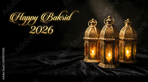 Golden ornate lantern trio glowing on dark fabric with festive greeting text