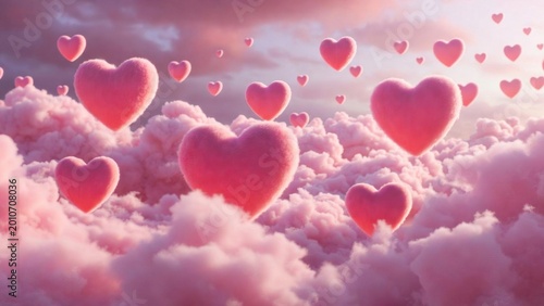 Pink hearts float above fluffy clouds