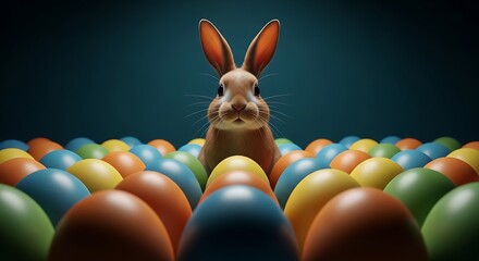 A curious rabbit peers out from a vibrant collection of colorful easter eggs