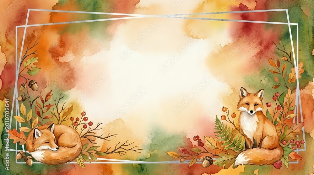 Fototapeta premium Watercolor autumn frame with cute foxes, fall leaves, berries and branches creating warm seasonal border for greeting cards, invitations and decorations.