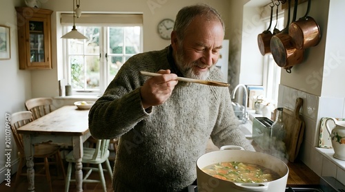 Elderly Caucasian man tasting homemade soup in a rustic kitchen, enjoying cooking at home with a wooden spoon over a steaming pot.