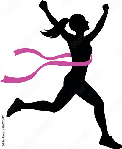 Woman Runner Silhouette Breaking Finish Ribbon With Raised Arms for Victory Concept.