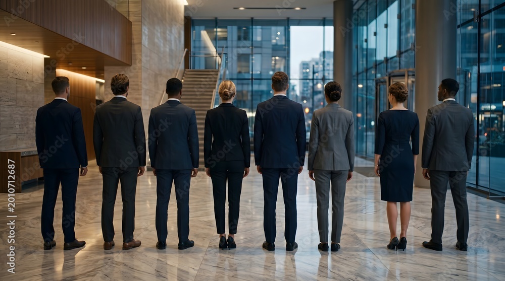 Fototapeta premium Diverse Business Professionals Standing in a Modern Corporate Lobby, Looking Forward to Future Opportunities and Success