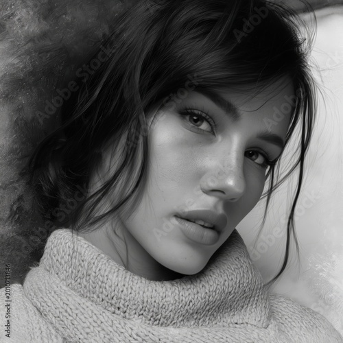 Portrait of a Young Woman With a Hairstyle and Sweater in a Simple Setting