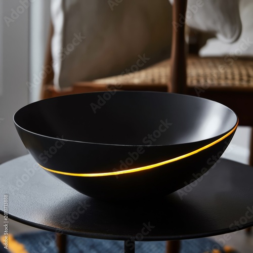 Black Bowl With a Glowing Line Placed on a Small Table Indoors in a Cozy Setting