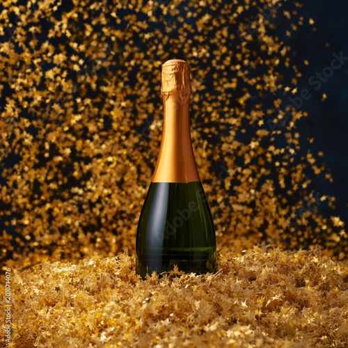 Champagne Bottle Surrounded by Golden Confetti in a Celebratory Setting