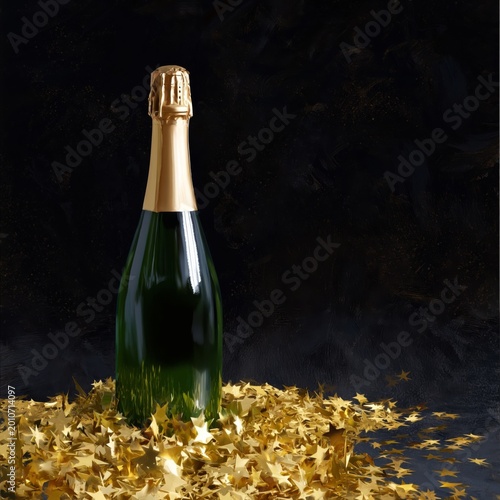Champagne Bottle Rests Among Gold Star-Shaped Confetti on a Dark Background