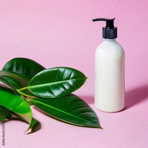 White Bottle With Pump Next to Green Leaf on Pink Background During Bright Da...