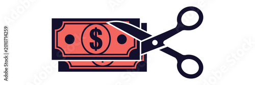 Flat vector icon depicting scissors cutting through paper currency bills representing cost reduction financial savings budget cuts and economic expense management