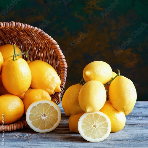 Fresh Lemons Gathered in a Basket and on the Table in a Kitchen Setting