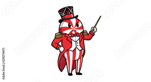 Peppermint circus ringleader character in festive suit with top hat and cane