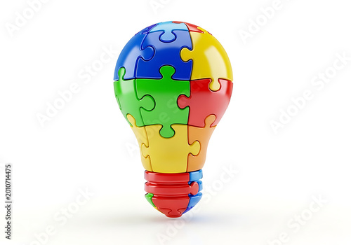 Colorful puzzle pieces forming a light bulb shape on white surface transparent background
