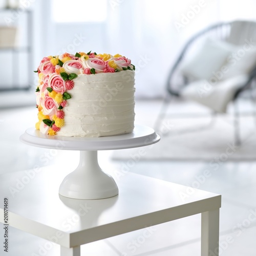 Delicious Cake on a White Stand Near Bright Windows in a Simple Room