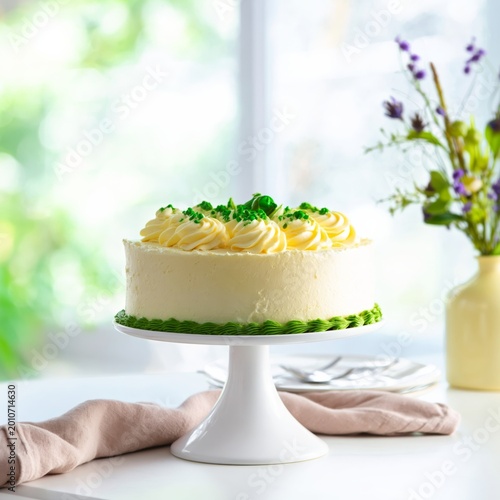 Delicious Cake on a White Stand With Green Frosting and Flowers in the Backgr...