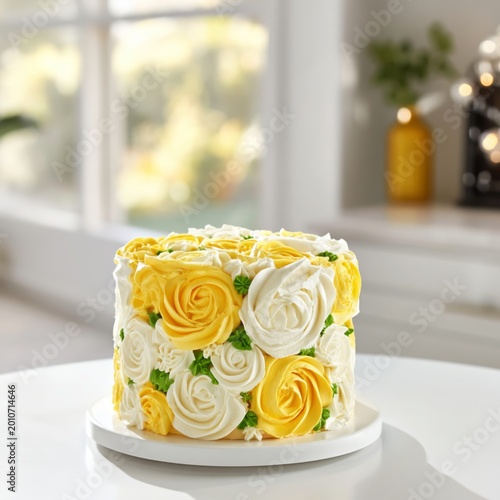 Delicious Cake on a White Stand With Green Frosting and Flowers in the Backgr...