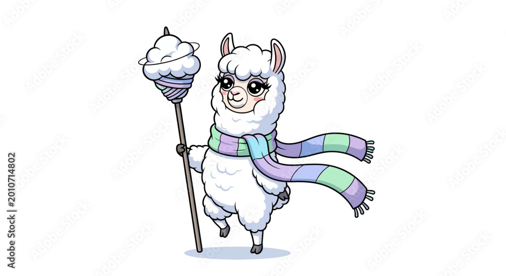 Fototapeta premium Cute alpaca character with scarf holding cotton candy on stick