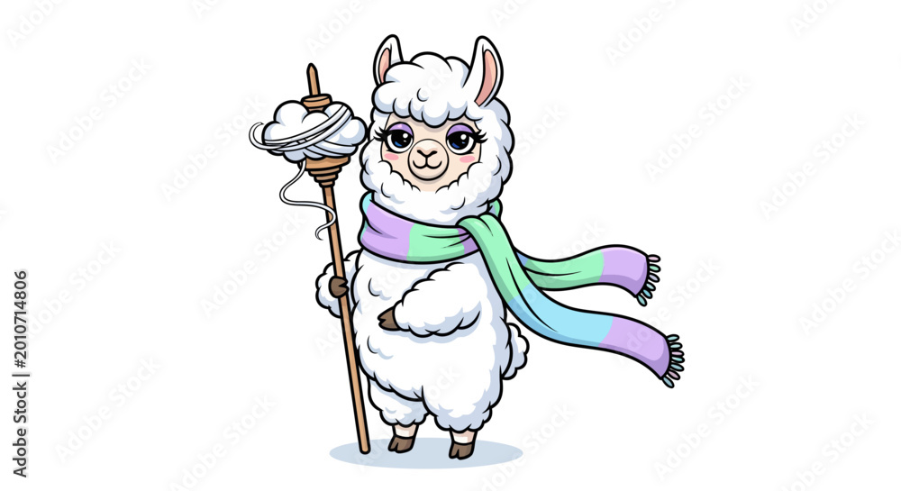 Fototapeta premium Cute cartoon llama with scarf and spinning wheel