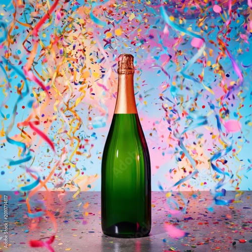 Celebration With Champagne Bottle Surrounded by Colorful Confetti in Bright L...