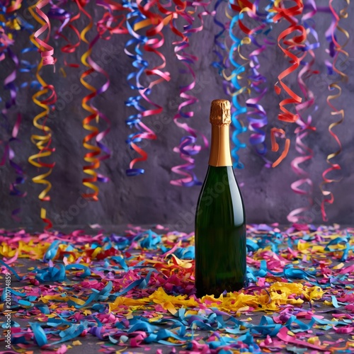 Celebration With Champagne Bottle Surrounded by Colorful Confetti in Bright L...