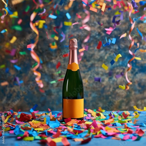 Celebration Scene With Confetti and Champagne Bottle on a Blue Background