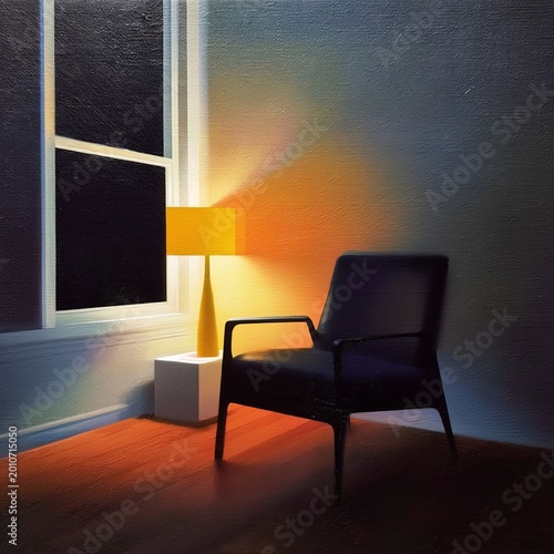 Warm Light Shines in a Cozy Corner With a Chair and Lamp at Dusk in a Quiet Room