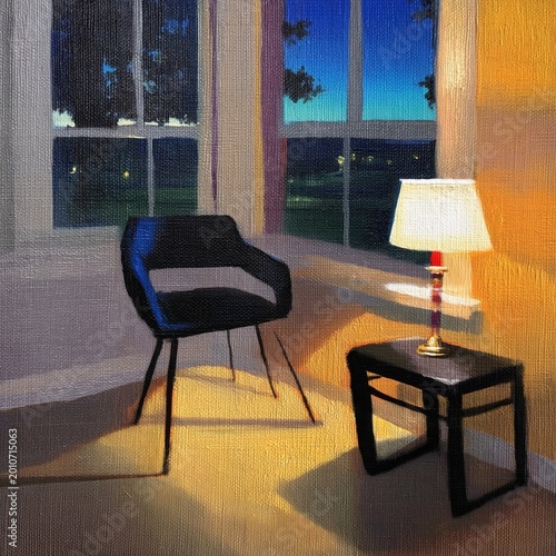 Warm Light Shines in a Cozy Corner With a Chair and Lamp at Dusk in a Quiet Room