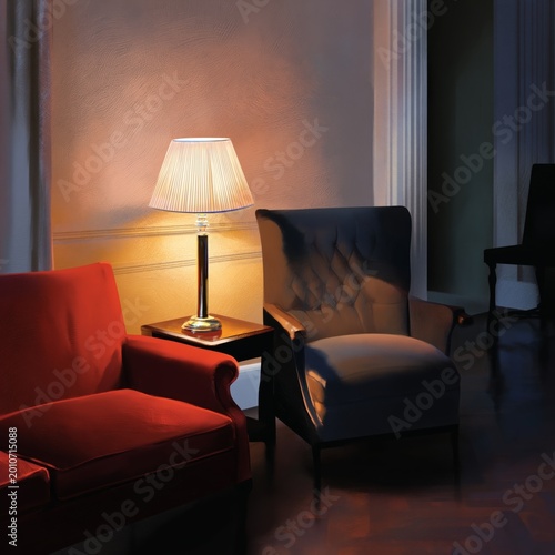 Cozy Living Room With Chairs and Lamp Creating Warm Atmosphere During Evening...