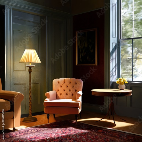 Cozy Living Room With Chairs and Lamp Creating Warm Atmosphere During Evening...