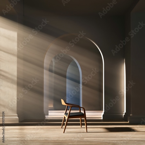 Red Chair Stands Alone in a Sunlit Room With Shadows on the Wall and Floor