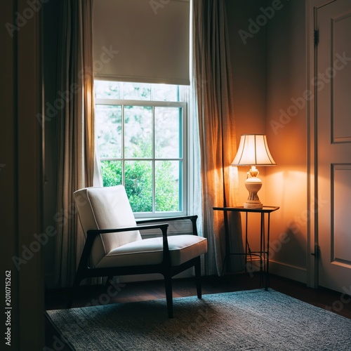 Red Chair Stands Alone in a Sunlit Room With Shadows on the Wall and Floor