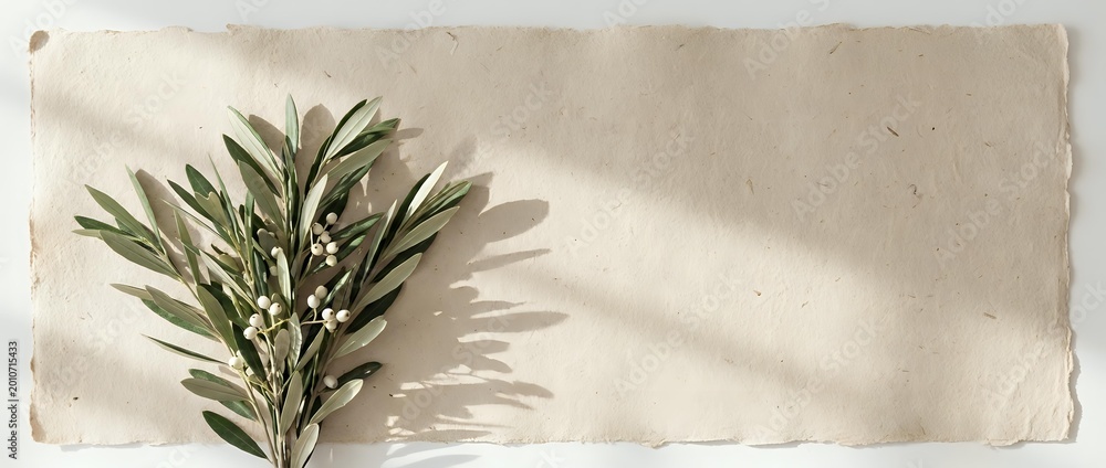 Fototapeta premium Olive branch with small white flowers on textured beige paper with soft shadows, minimal flat lay composition for wedding or nature design.