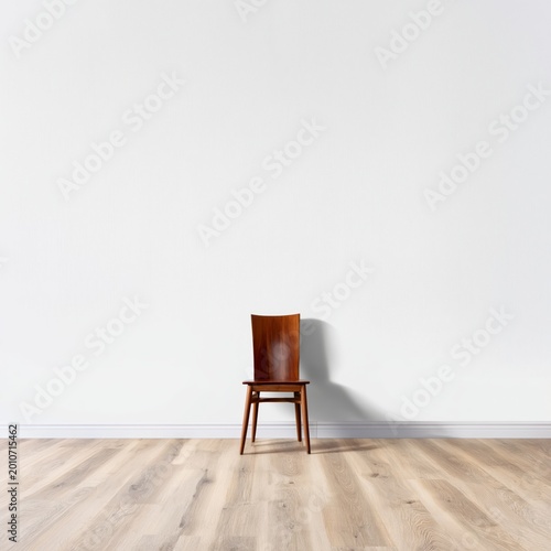 Empty Wooden Chair Stands Alone Against a Plain Wall in a Simple Room