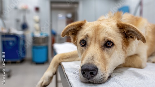 Concerned dog with injured paw lying on veterinary clinic table for pet care banner or animal hospital website