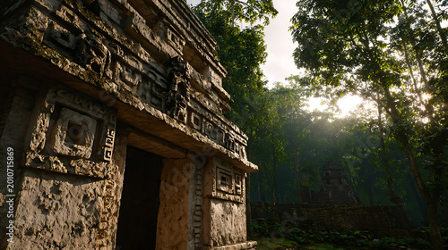 Ancient stone structure with intricate carvings nestled in a dense, sun-drenched jungle, showcasing historical craftsmanship and natural beauty