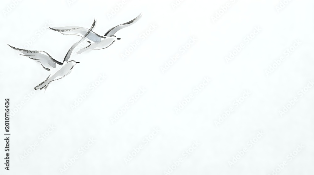 Obraz premium Elegant white cranes flying in formation against soft gray sky, minimalist wildlife scene with graceful birds in natural flight pattern for peaceful design.