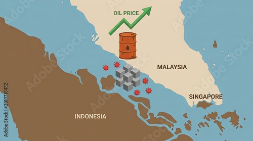 Vector map of Malacca Strait blockade with naval mines and rising oil prices