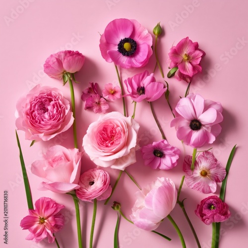 A Collection of Pink Flowers is Arranged on a Light Pink Surface