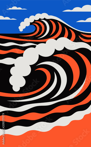 Konstfotografi Abstract vector illustration of sea waves in Fauvist style, flat design, beach t