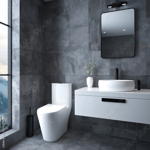 Modern Bathroom Design With Dark Tiles and Large Window Overlooking Nature