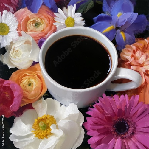 Coffee Cup Surrounded by Colorful Flowers on a Bright Background