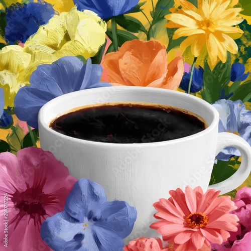 Coffee Cup Surrounded by Colorful Flowers on a Bright Background