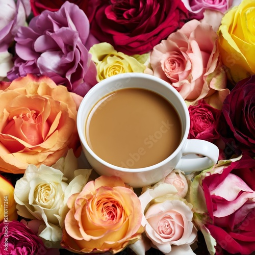 Coffee Cup Surrounded by Colorful Roses on a Table in a Bright Setting, Showc...