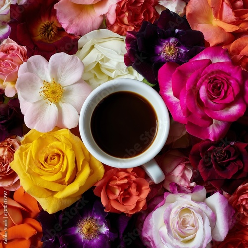 Coffee Cup Surrounded by Colorful Roses on a Table in a Bright Room During Da...