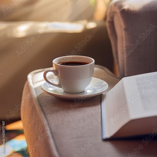Coffee Cup on a Table Next to a Book During Morning Light in a Cozy Room Setting